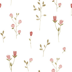 Watercolor simple abstract hand drawn botanical pattern. Illustration in pink and green