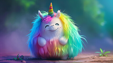 A fluffy, chubby character with a colorful rainbow mane and a goofy expression. 3d render.