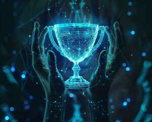 A futuristic holographic projection of a trophy being lifted in triumph by unseen hands. 3d render. - obrazy, fototapety, plakaty