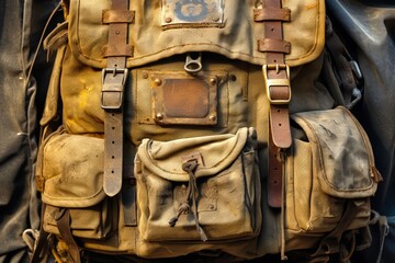 A weathered rucksack with visible weight markings, emphasizing the essential gear for rucking - obrazy, fototapety, plakaty
