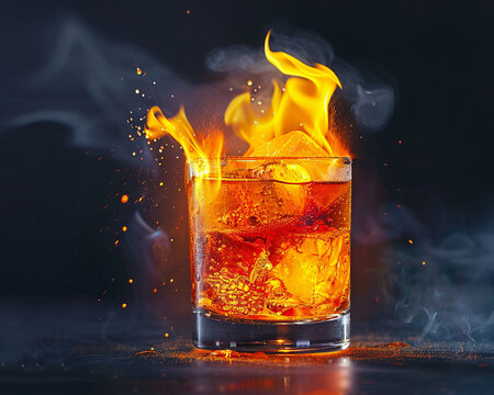 A flaming cocktail of lava whisky. 3d render.