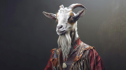 A portrait of a goat in a bohemian peasant top and fringe vest. 3d render. - obrazy, fototapety, plakaty