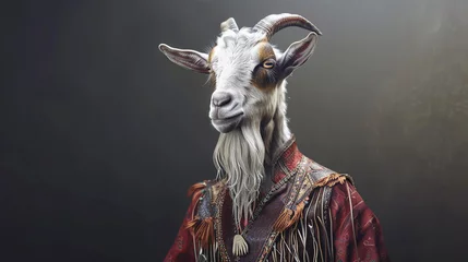 Fotobehang A portrait of a goat in a bohemian peasant top and fringe vest. 3d render. © pprothien