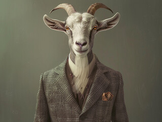 A portrait of a goat in a tweed blazer and pocket square. 3d render.