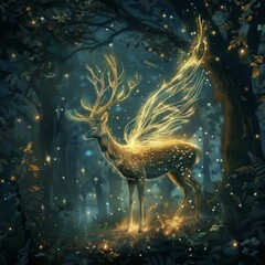 Amiable deer with translucent wings in a starlit enchanted woodland
