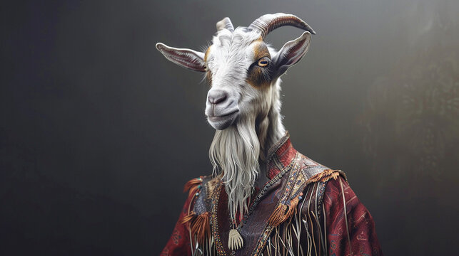 A portrait of a goat in a bohemian peasant top and fringe vest. 3d render.