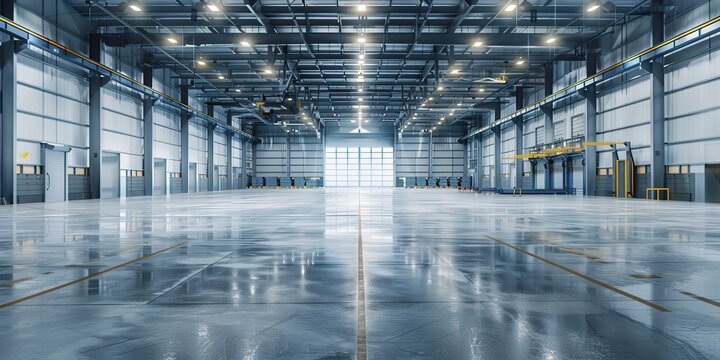 A large, empty warehouse with a lot of light shining on the floor. The space is very open and empty, with no people or objects visible. Scene is one of emptiness and solitude