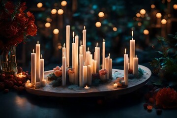 A peaceful arrangement featuring LED candles creating an ambient background, the high-definition camera emphasizing the calming atmosphere and intricate design in vivid
