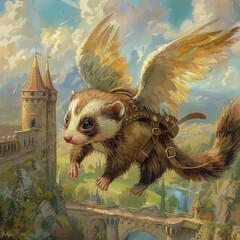 Fetching ferret with winged harness darting through a fairy tale castle