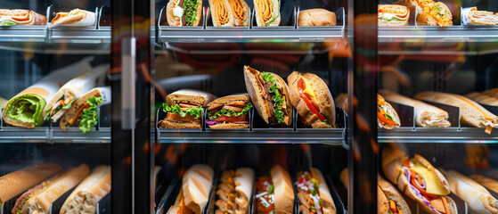 Assortment of prepackaged sandwiches and wraps on display in a deli cooler, ready to eat meals. - obrazy, fototapety, plakaty