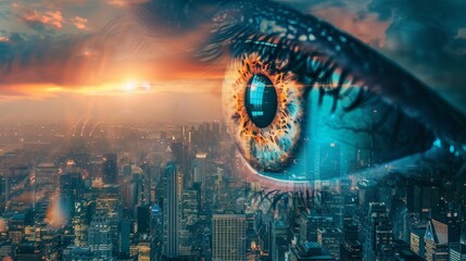 Futuristic cityscape with grand technology, human eye reflecting the skyline