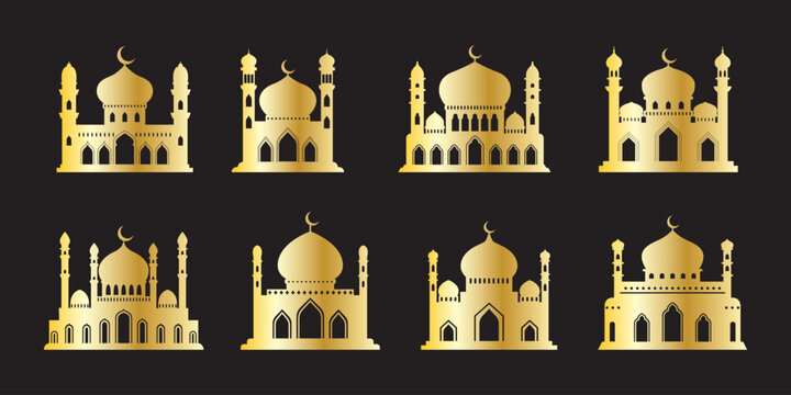 Vector islamic mosque golden silhouettes set. Ramadan muslim icon collection isolated. Arabian mosque buildings shapes with minarets. Eid Al-Fitr illustration