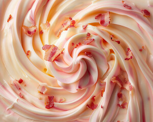 Crunchy bacon bits mixed into a swirl of pastel colored frosting. 3d render.