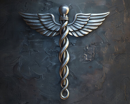 Sculpted Caduceus symbol with silver wings and serpents on a textured wall, symbolizing medicine.