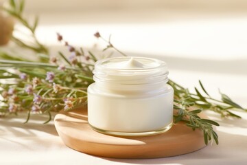 Fototapeta na wymiar A simple glass jar containing natural face cream for Waterless Self Care.