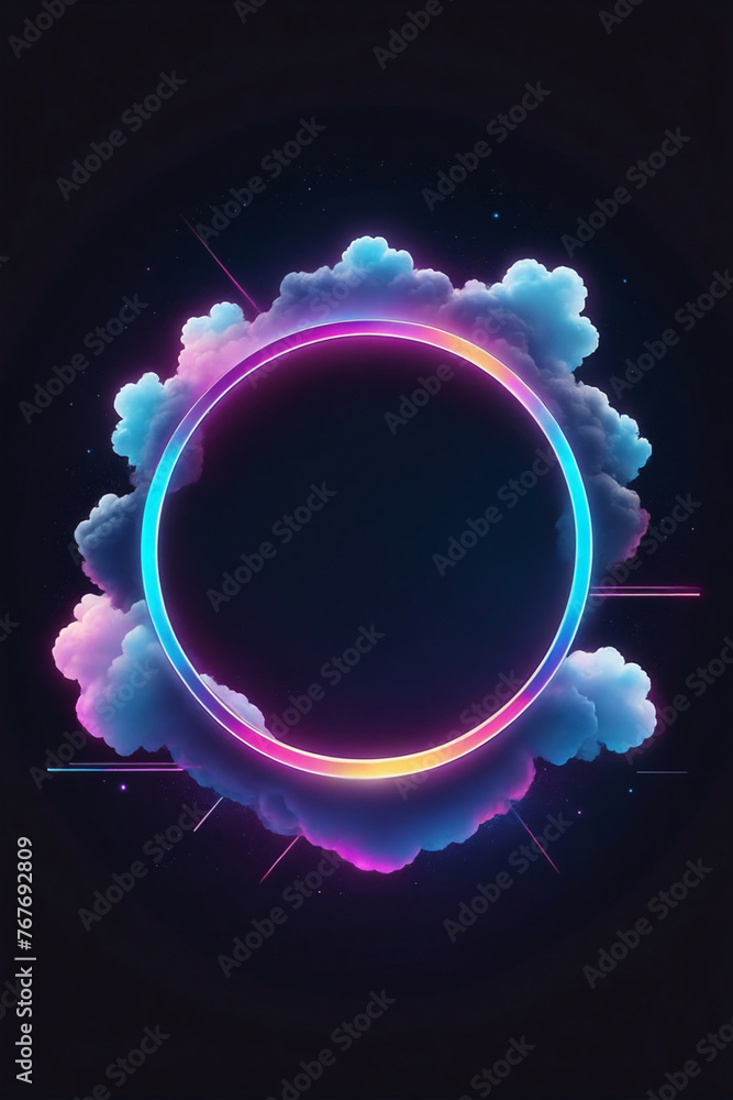 Aufkleber abstract cloud illuminated with neon light ring on dark night sky. glowing geometric shape, round fr