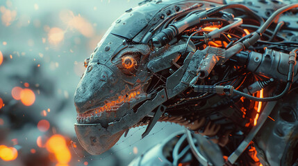 Robotic reptile head with glowing eyes and detailed mechanical parts amidst embers and foliage.