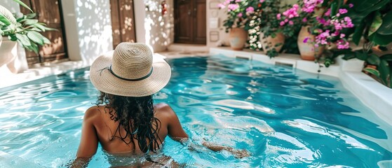 A woman in a straw hat is swimming in a pool. The pool is blue and surrounded by plants