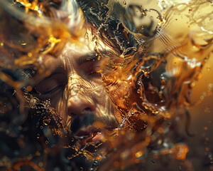 Man's visage distorted by dynamic liquid motion, evoking an intense interplay of emotion and element.