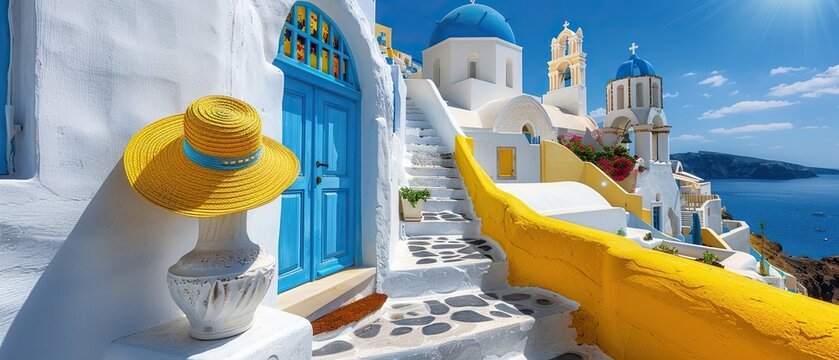 Fototapeta A blue door with a yellow hat on top of it. The hat is placed on a pedestal