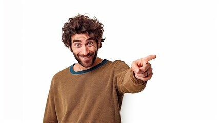 A man with a beard and a smile is pointing to the right. He is wearing a brown sweater - obrazy, fototapety, plakaty