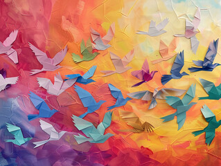 Whimsical paper birds soaring through a rainbow colored evening sky.