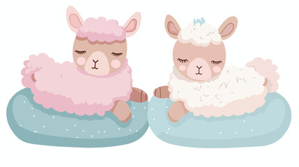 Cute lama sleeping on the pillows in pastel colors isolated
