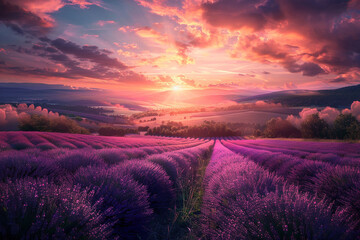 A breathtaking vista of a lavender field stretching towards a rolling horizon bathed in the warm...