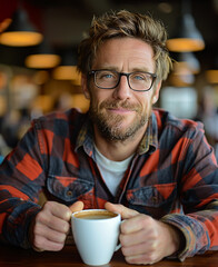 Serene man enjoying morning coffee, natural light pouring in, cozy cafe ambience