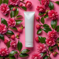 Sleek blank skincare tube with a side of camellia flowers, concept of natural herbal cosmetics