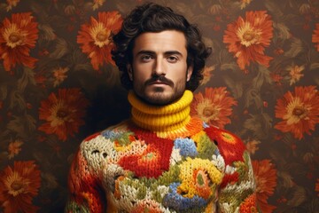 A handsome guy with a sweater collar decorated with bright flowers