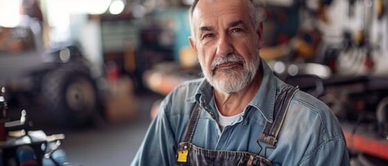 A man with a beard and mustache is standing in a garage. He is wearing a blue shirt and apron