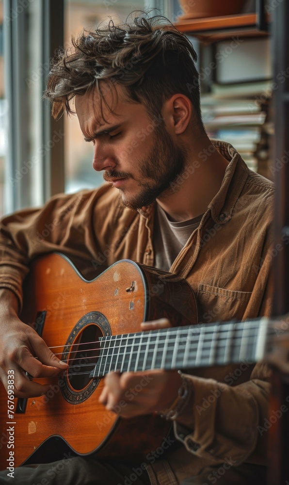 Aufkleber a man playing a guitar in front of a window. generative ai.