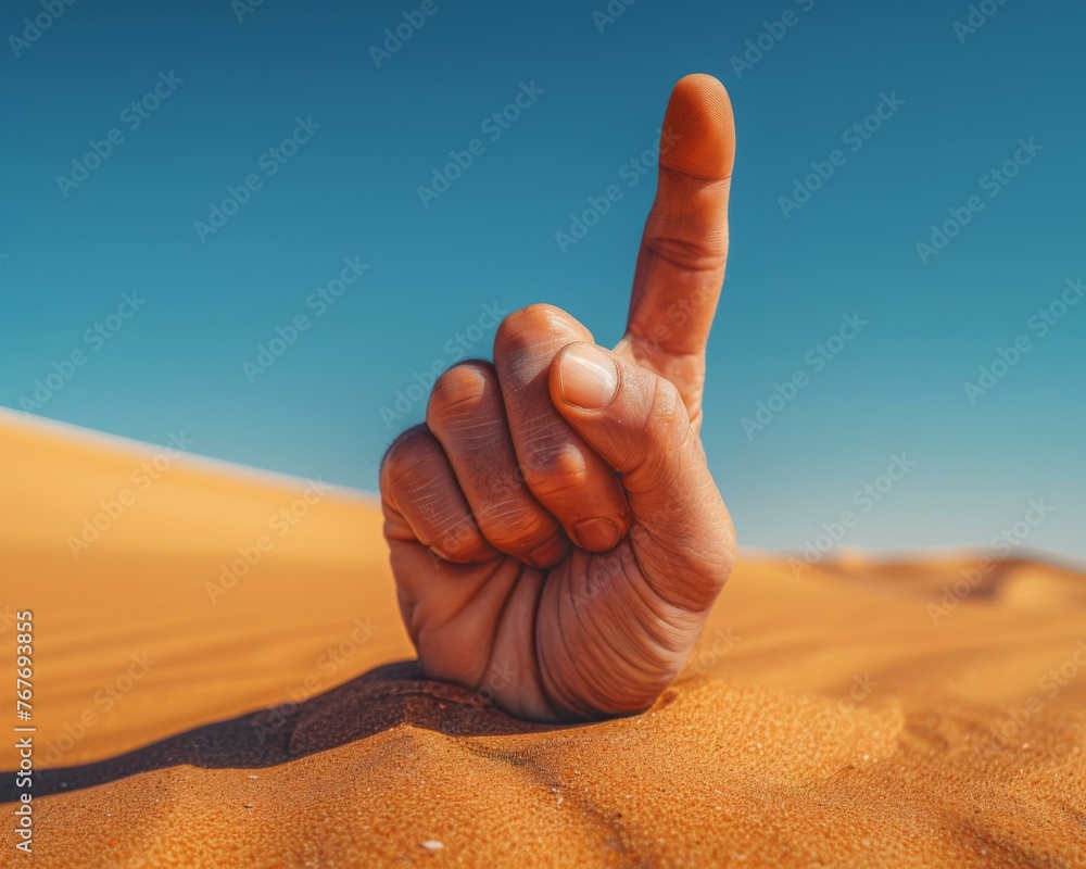 Poster a hand pointing up in the sand with a finger on it. generative ai.