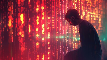 A man sitting on a bench in front of colorful lights. Generative AI.