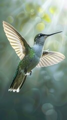 Fototapeta premium A hummingbird flying in the air with a green and white body. Generative AI.