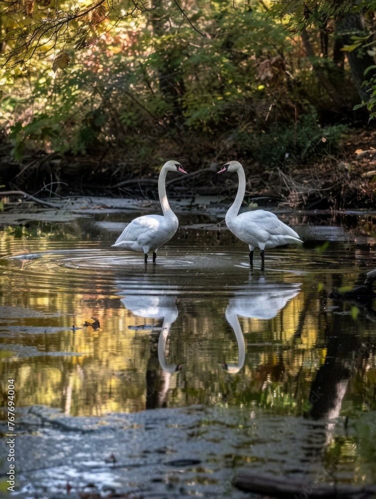 Poster two white swans standing in a shallow pond with trees behind them. generative ai.