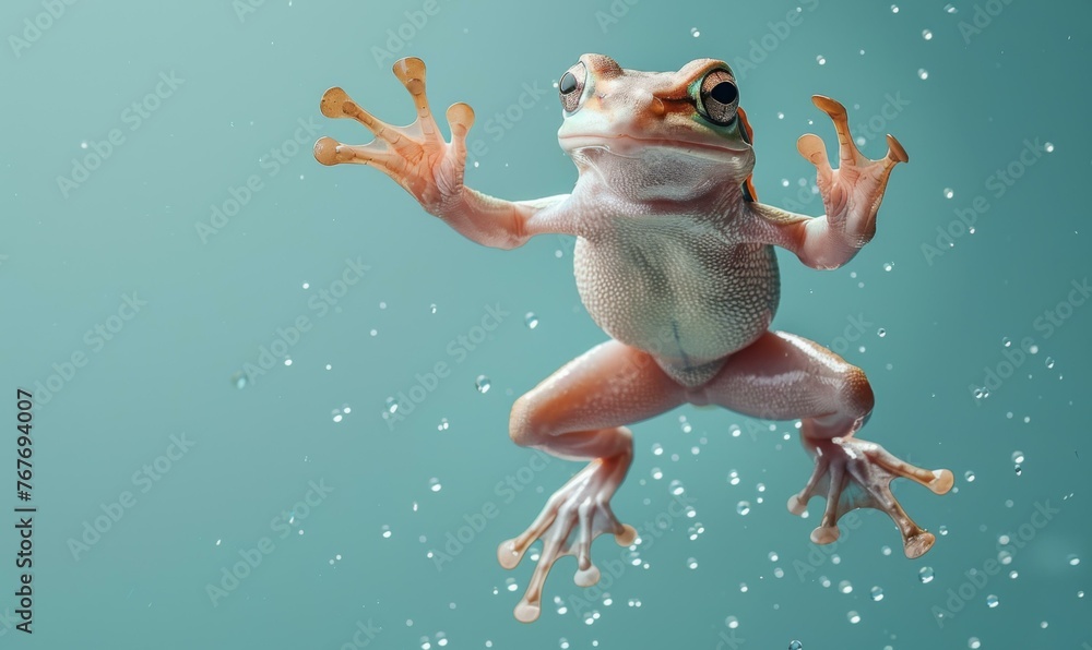 Poster a frog is jumping in the air with bubbles around it. generative ai.