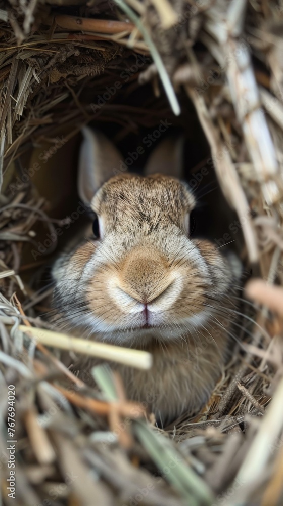 Poster a rabbit is sitting in a nest of hay with its nose poking out. generative ai.