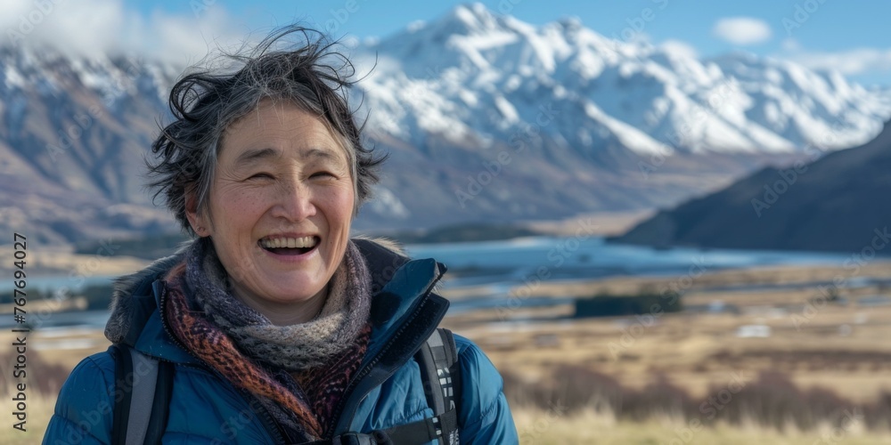 Poster a woman smiling while standing in front of a mountain range. generative ai.