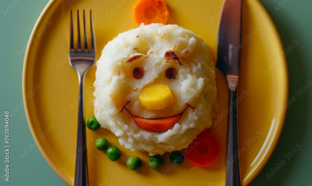 Poster a plate with mashed potatoes and carrots on it has a face drawn in the food. generative ai.