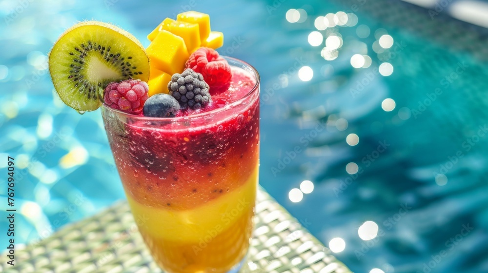 Poster a colorful drink with fruit and ice sitting on a table by the pool. generative ai.