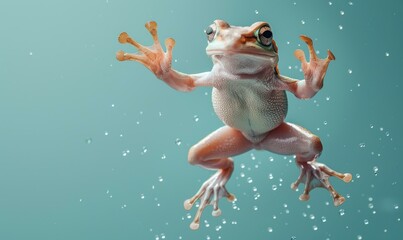 A frog is jumping in the air with bubbles around it. Generative AI.