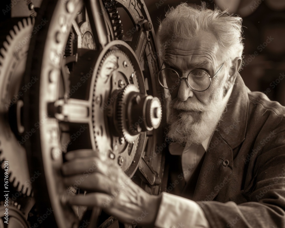 Poster a man with glasses and a beard looking at something. generative ai.