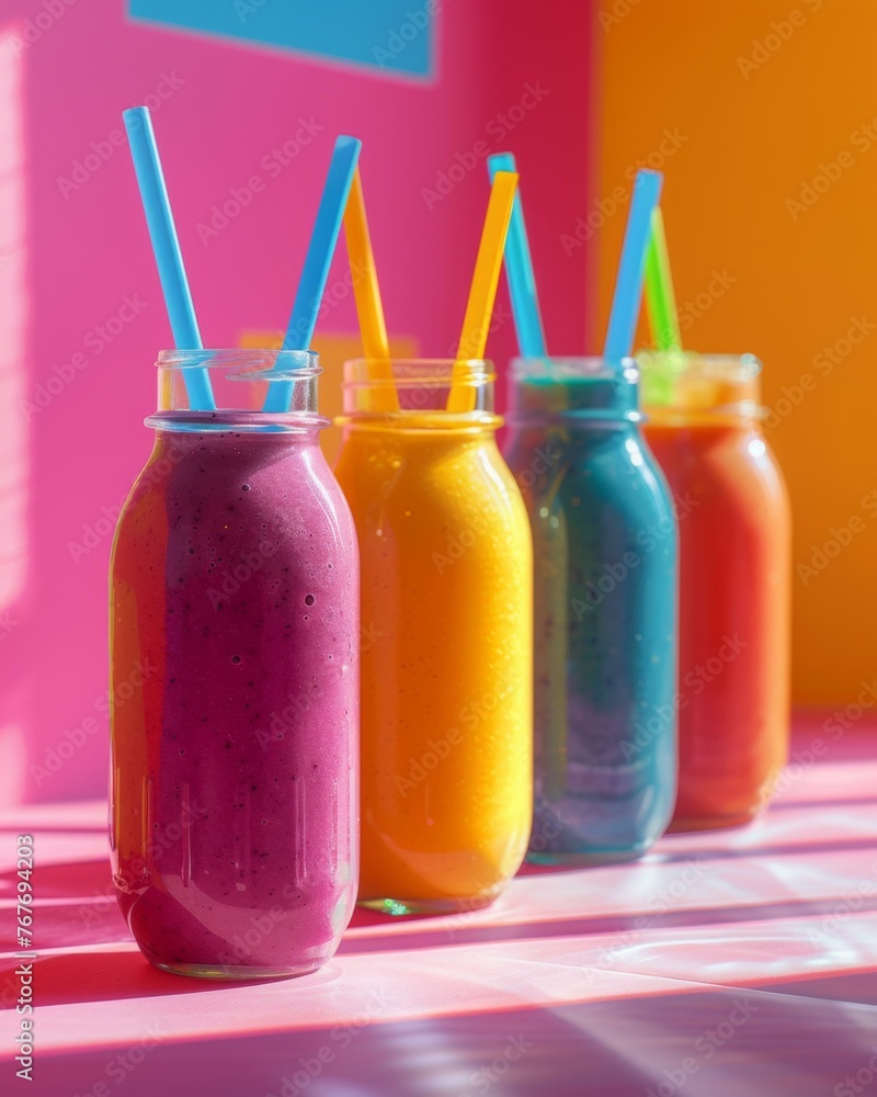 Poster A group of four different colored smoothies in mason jars. Generative AI.