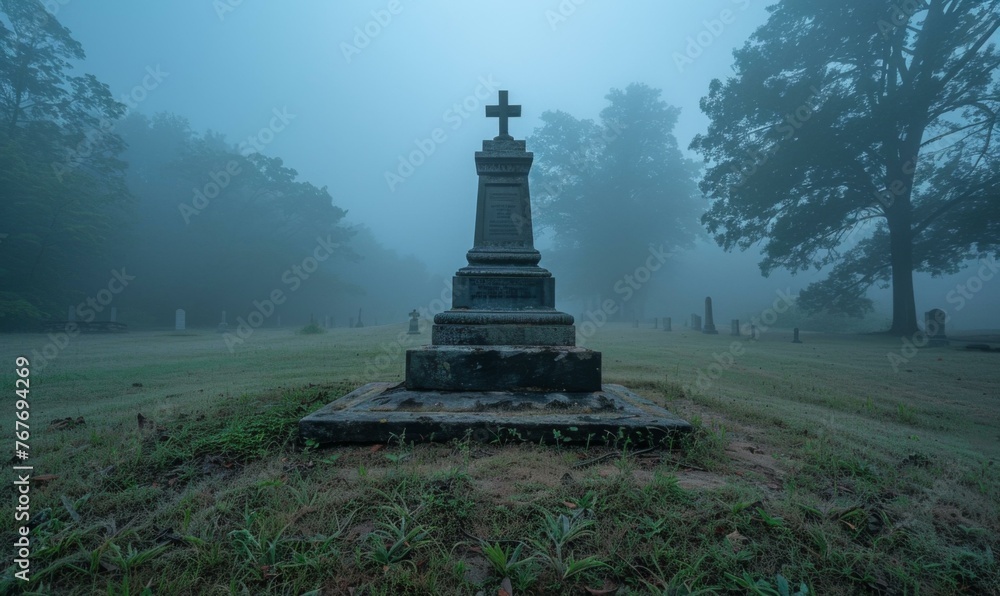 Poster a cemetery with a cross in the middle of it on top. generative ai.