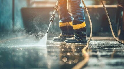 A man is standing in a puddle of water with a pressure washer. The man is wearing a yellow and black outfit - obrazy, fototapety, plakaty