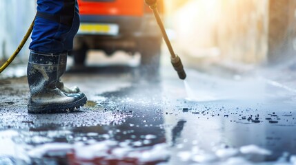 A man is standing in the rain with a pressure washer. The man is wearing a blue jacket and boots. The pressure washer is spraying water on the ground - obrazy, fototapety, plakaty