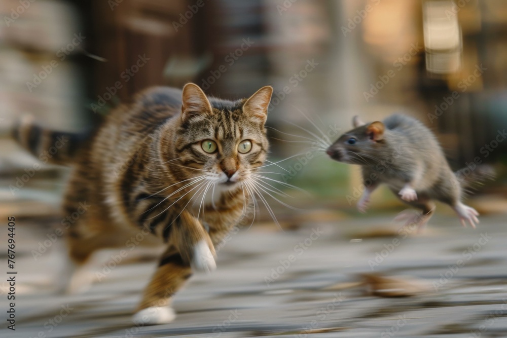 Poster a cat and a mouse running on the ground together. generative ai.