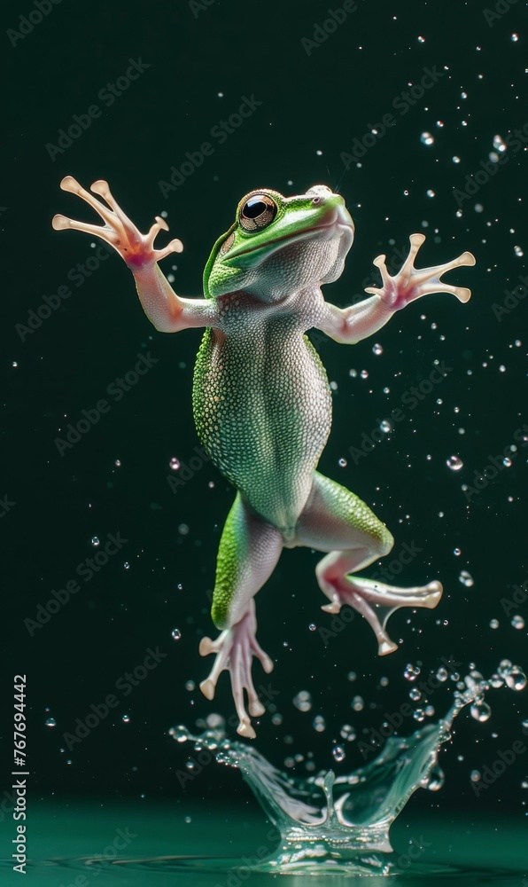 Poster a frog jumping into the air while splashing in a puddle. generative ai.